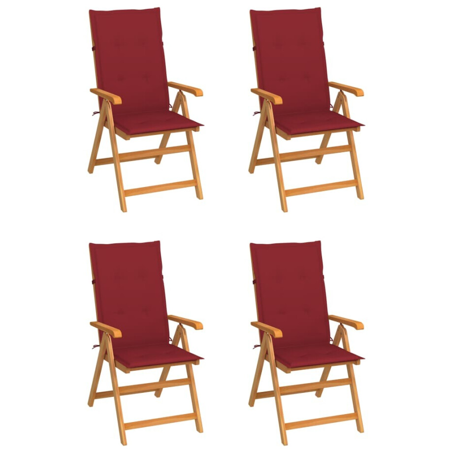 vidaXL Tuinstoelen 4 st met wijnrode kussens massief teakhout afbeelding 1