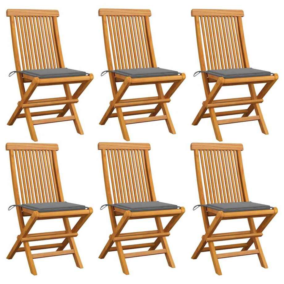 vidaXL Tuinstoelen 6 st met grijze kussens massief teakhout afbeelding 1