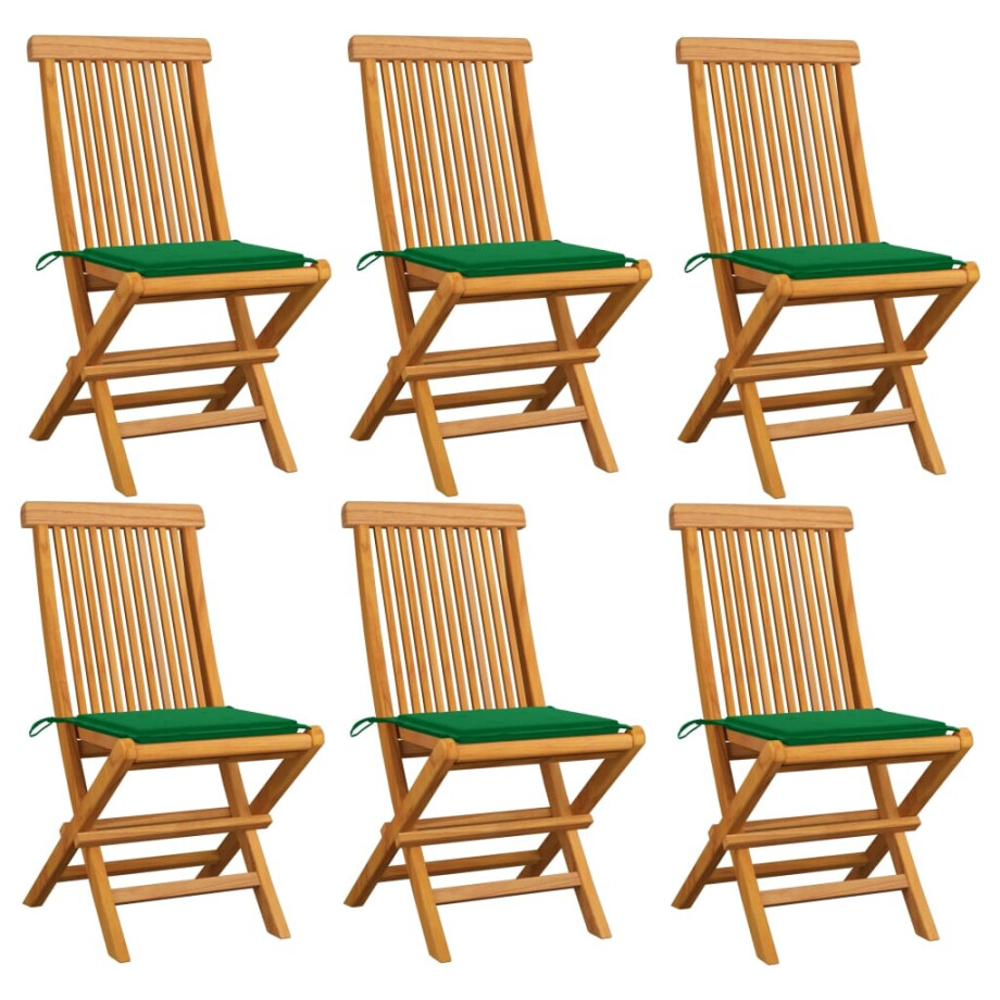 vidaXL Tuinstoelen 6 st met groene kussens massief teakhout afbeelding 1