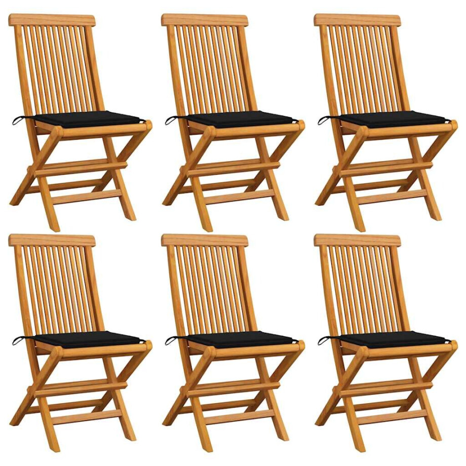 vidaXL Tuinstoelen 6 st met zwarte kussens massief teakhout afbeelding 1