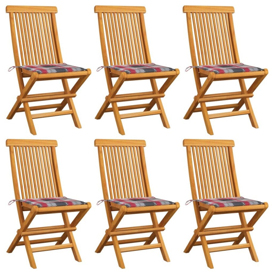 vidaXL Tuinstoelen 6 st met rood geruite kussens massief teakhout afbeelding 1