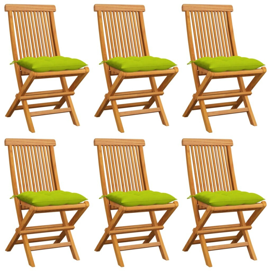vidaXL Tuinstoelen 6 st met heldergroene kussens massief teakhout afbeelding 1