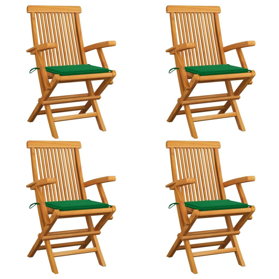 vidaXL Tuinstoelen 4 st met groene kussens massief teakhout afbeelding 1