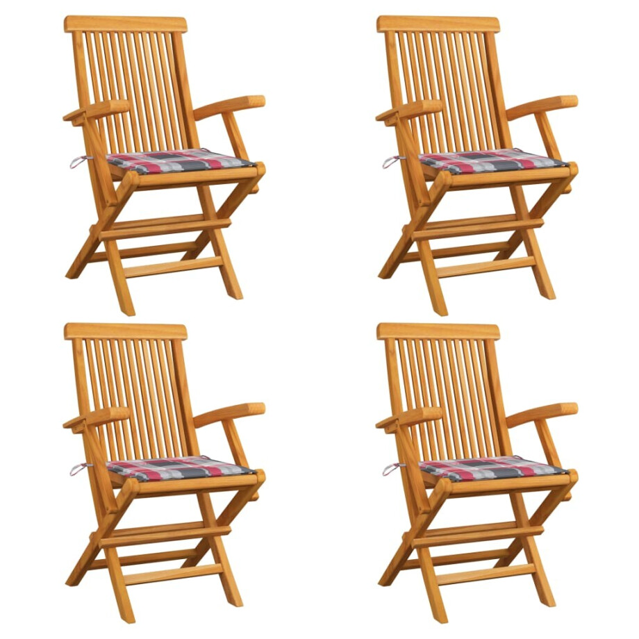 vidaXL Tuinstoelen 4 st met rood geruite kussens massief teakhout afbeelding 1