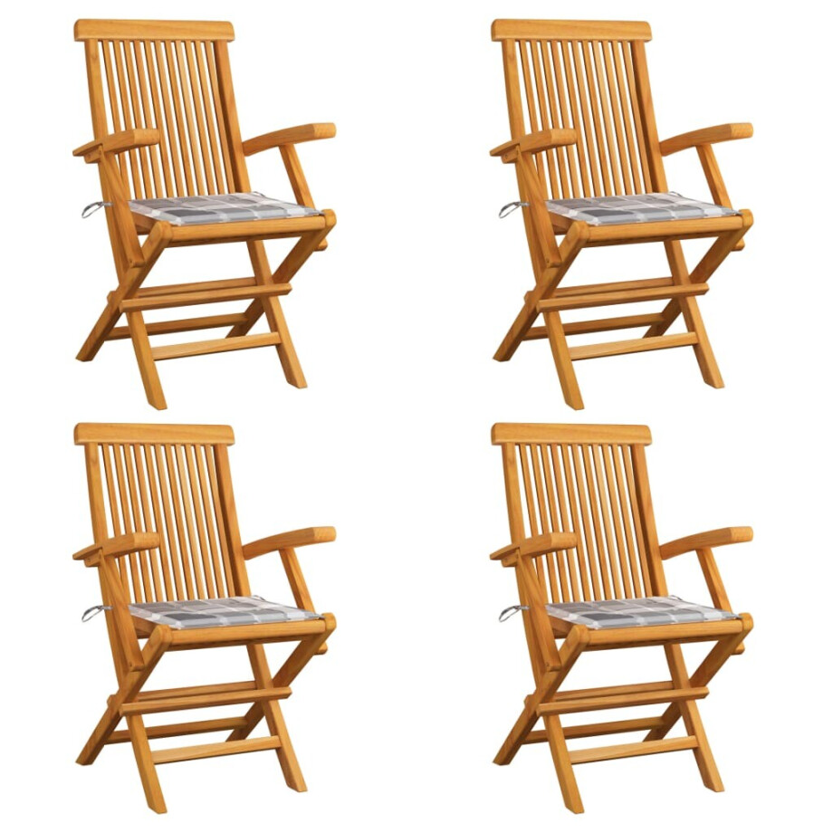 vidaXL Tuinstoelen 4 st met grijs geruite kussens massief teakhout afbeelding 1