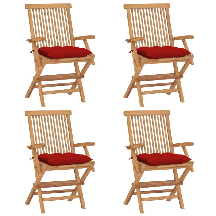vidaXL Tuinstoelen 4 st met rode kussens massief teakhout afbeelding 1