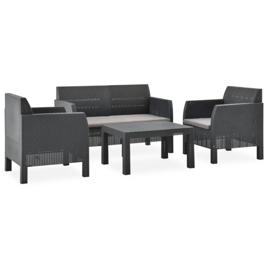 vidaXL 4-delige Loungeset met kussens PP rattan antracietkleurig afbeelding 1