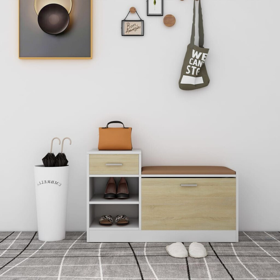 vidaXL Schoenenbank 94,5x31x57 cm bewerkt hout wit sonoma eikenkleurig afbeelding 1