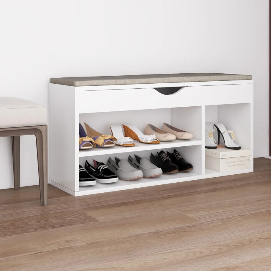 vidaXL Schoenenbank met kussen 104x30x49 cm bewerkt hout wit vidaXL Schoenenbank met kussen 104x30x49 cm bewerkt hout wit afbeelding 1