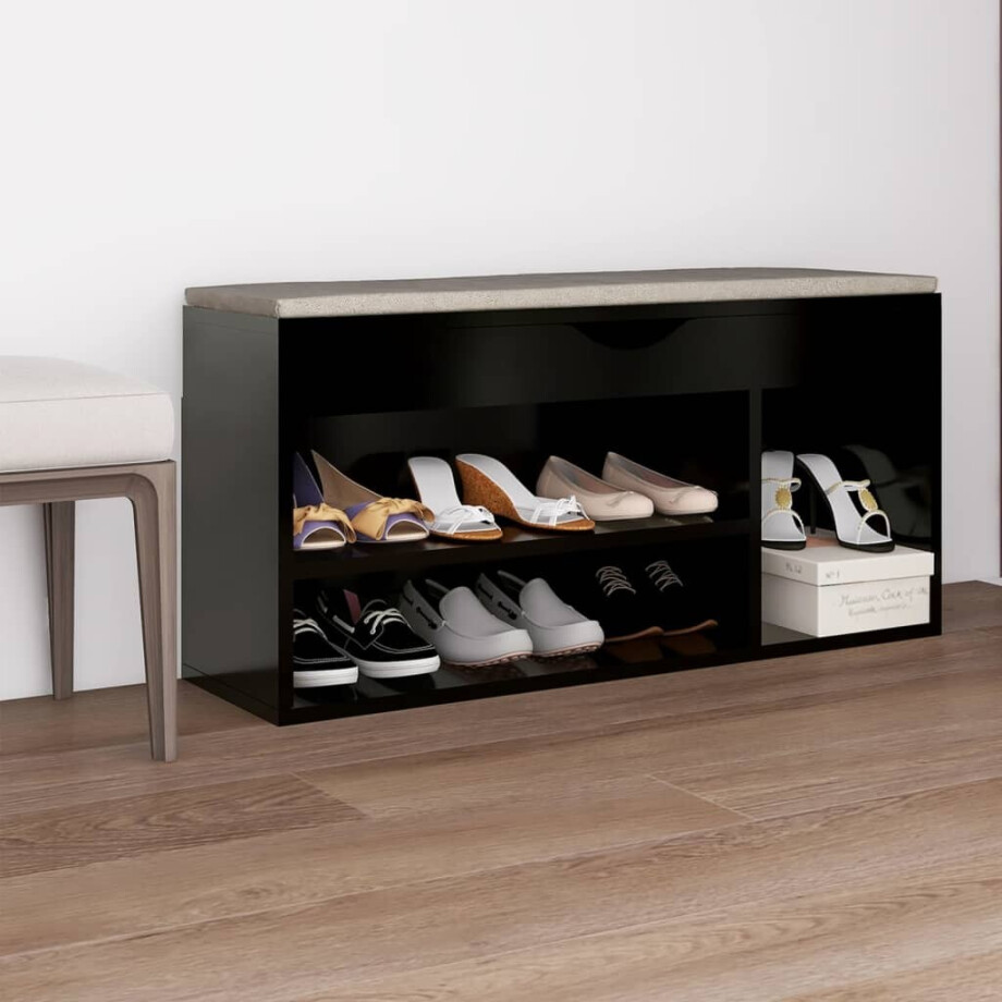 vidaXL Schoenenbank met kussen 104x30x49 cm bewerkt hout zwart afbeelding 1