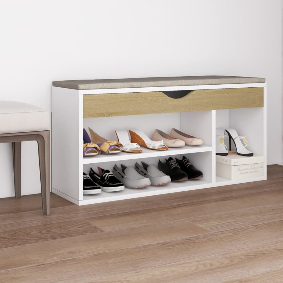 vidaXL Schoenenbank en kussen 104x30x49 cm hout wit sonoma eiken afbeelding 1