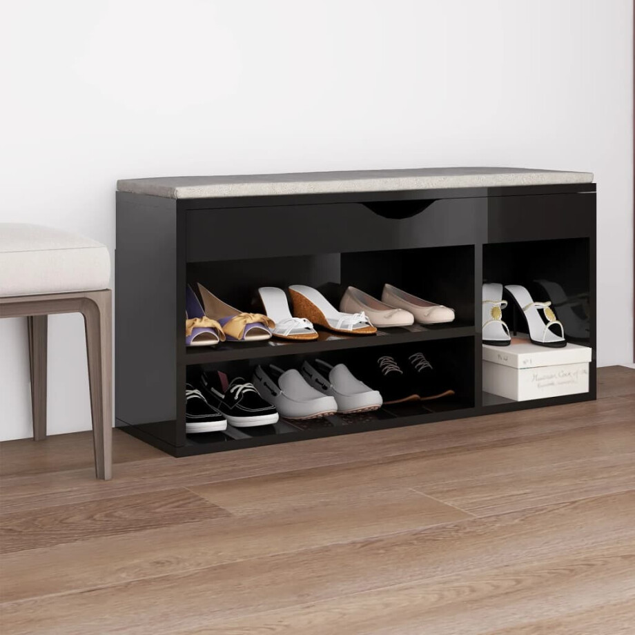 vidaXL Schoenenbank met kussen 104x30x49 cm hout hoogglans zwart afbeelding 1