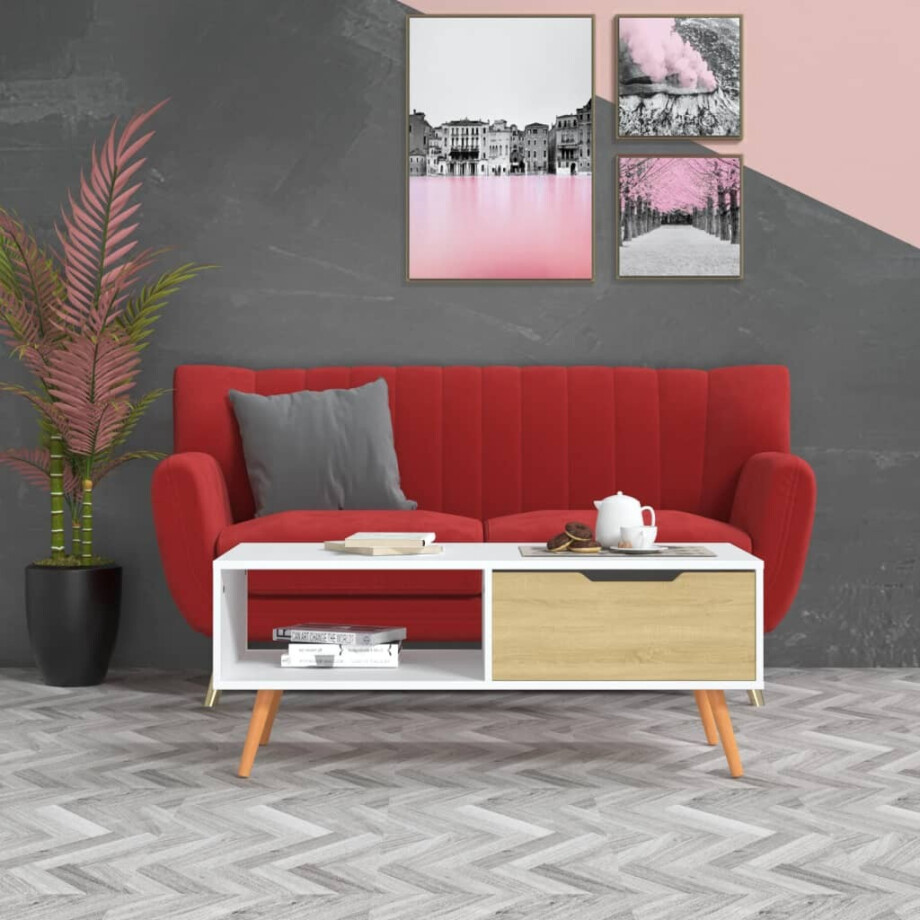 vidaXL Salontafel 100x49,5x43 cm bewerkt hout wit en sonoma eikenkleur vidaXL Salontafel 100x49,5x43 cm bewerkt hout wit en sonoma eikenkleur afbeelding 1