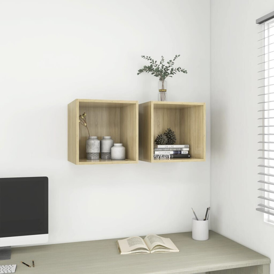 vidaXL Wandkasten 2 st 37x37x37 cm bewerkt hout sonoma eikenkleurig vidaXL Wandkasten 2 st 37x37x37 cm bewerkt hout sonoma eikenkleurig afbeelding 1