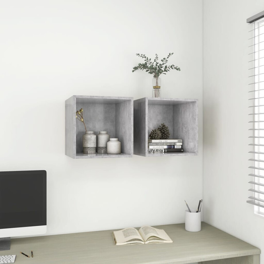 vidaXL Wandkasten 2 st 37x37x37 cm bewerkt hout betongrijs afbeelding 1