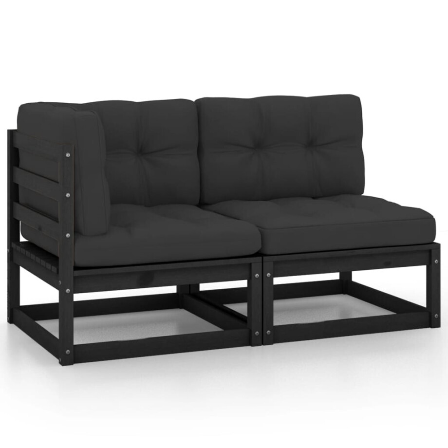 vidaXL 2-delige Loungeset met kussens massief grenenhout zwart afbeelding 1