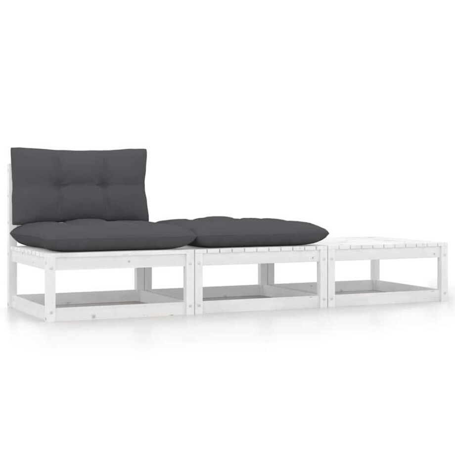 vidaXL 3-delige Loungeset met kussens massief grenenhout wit afbeelding 1