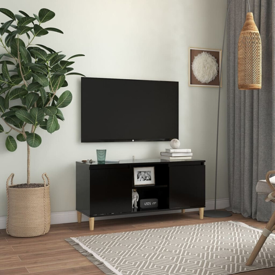 vidaXL Tv-meubel met massief houten poten 103,5x35x50 cm zwart afbeelding 1