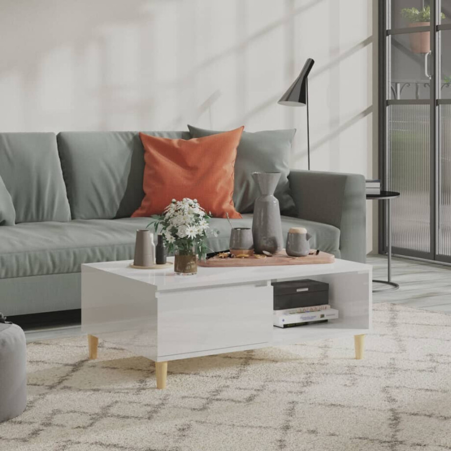 vidaXL Salontafel 90x60x35 cm bewerkt hout hoogglans wit vidaXL Salontafel 90x60x35 cm bewerkt hout hoogglans wit afbeelding 1