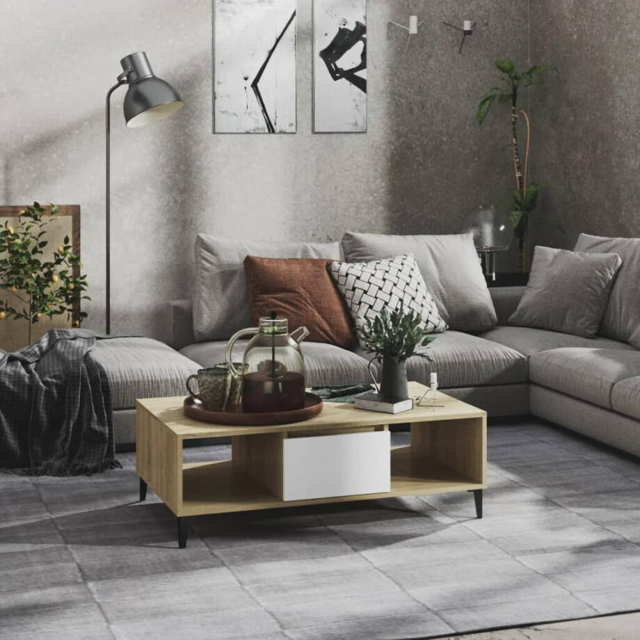 vidaXL Salontafel 103,5x60x35 cm bewerkt hout wit en sonoma eikenkleur vidaXL Salontafel 103,5x60x35 cm bewerkt hout wit en sonoma eikenkleur afbeelding 1