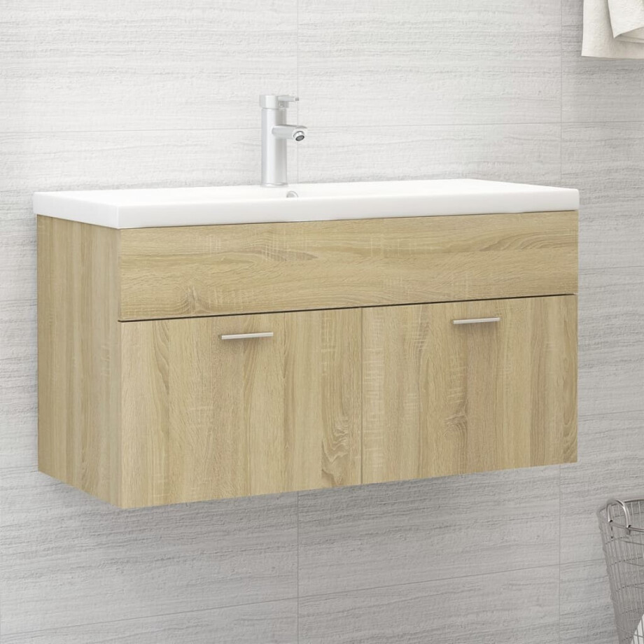 vidaXL Wastafelkast met ingebouwde wastafel bewerkt hout sonoma eiken vidaXL Wastafelkast met ingebouwde wastafel bewerkt hout sonoma eiken afbeelding 1