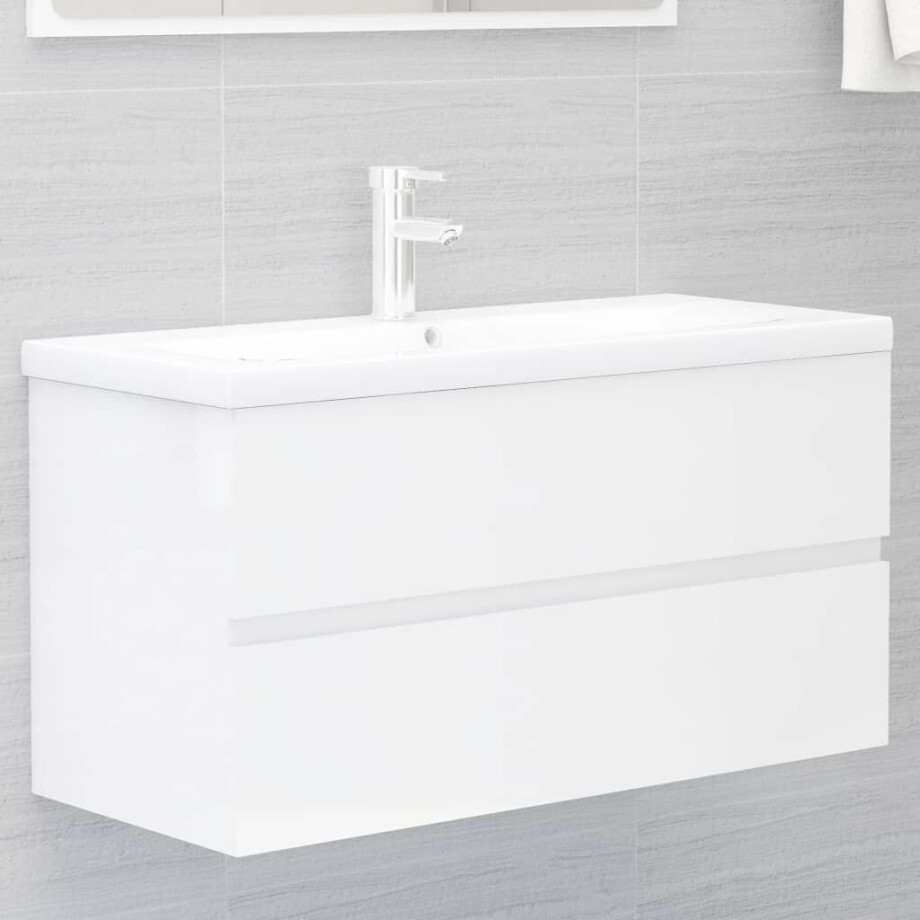 vidaXL Wastafelkast met ingebouwde wastafel spaanplaat hoogglans wit afbeelding 1