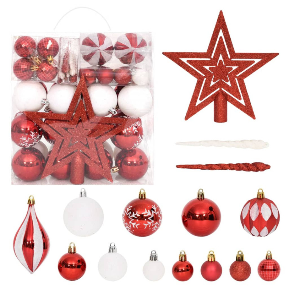 vidaXL 64-delige Kerstballenset rood en wit afbeelding 1