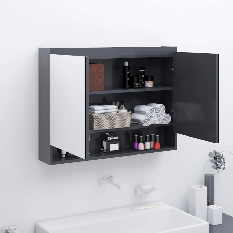 vidaXL Badkamerkast met spiegel 80x15x60 cm MDF grijs afbeelding 1