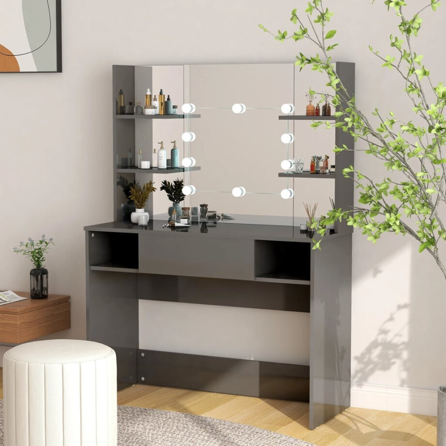 vidaXL Kaptafel met LED-verlichting 100x40x135 cm MDF glanzend grijs afbeelding 1