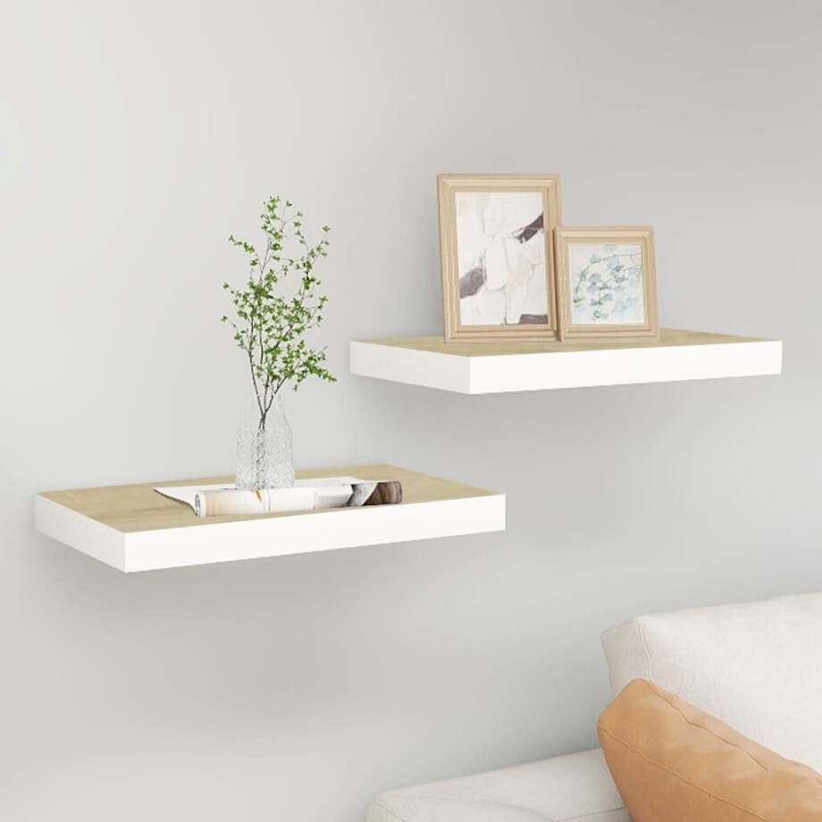 vidaXL Wandschappen zwevend 2 st 50x23x3,8 cm MDF eikenkleurig en wit afbeelding 1
