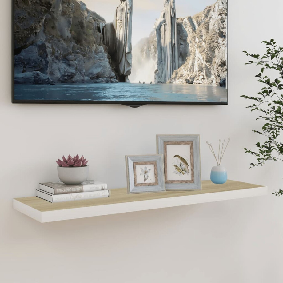 vidaXL Wandschap zwevend 90x23,5x3,8 cm MDF eikenkleurig en wit afbeelding 1