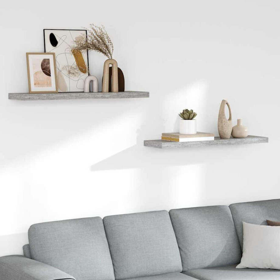 vidaXL Wandschappen zwevend 2 st 90x23,5x3,8 cm MDF betongrijs afbeelding 1