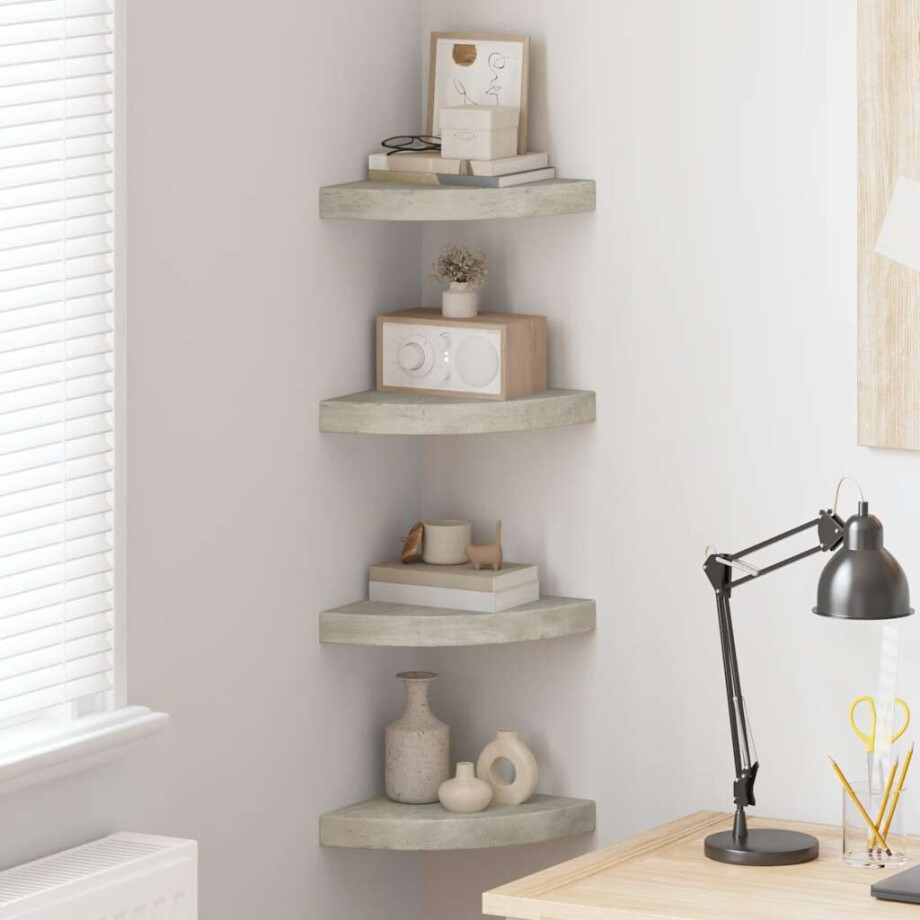 vidaXL Hoekwandschappen 4 st 25x25x3,8 cm MDF betongrijs afbeelding 1