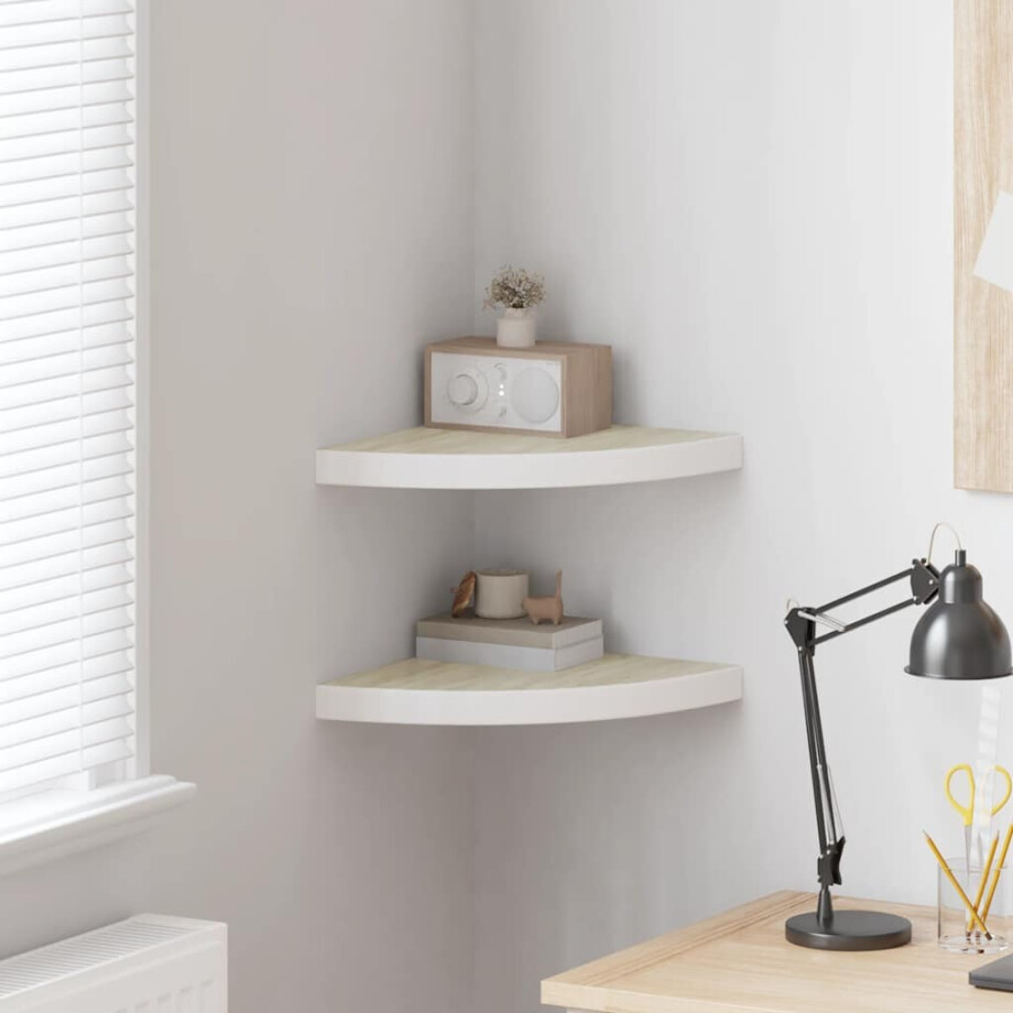vidaXL Hoekwandschappen 2 st 35x35x3,8 cm MDF eikenkleurig en wit afbeelding 1