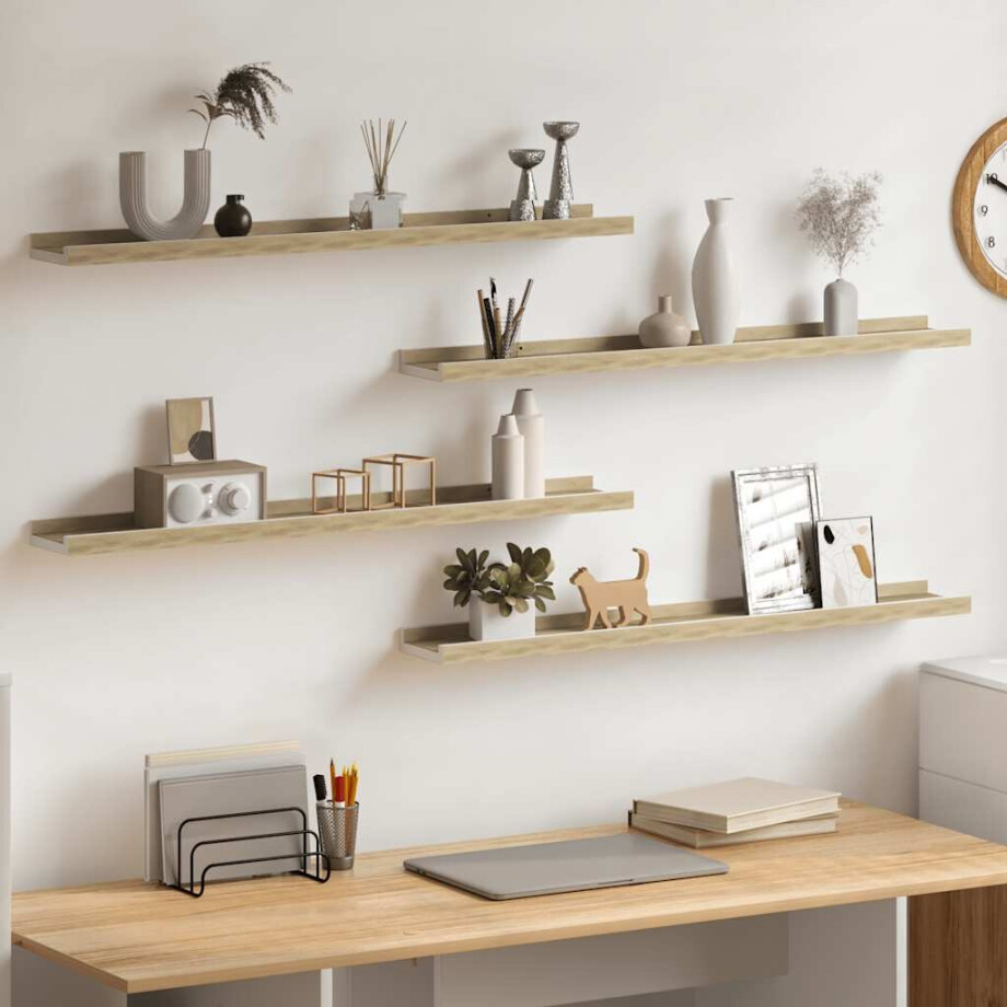 vidaXL Wandschappen 4 st 80x9x3 cm wit en sonoma eikenkleurig afbeelding 1