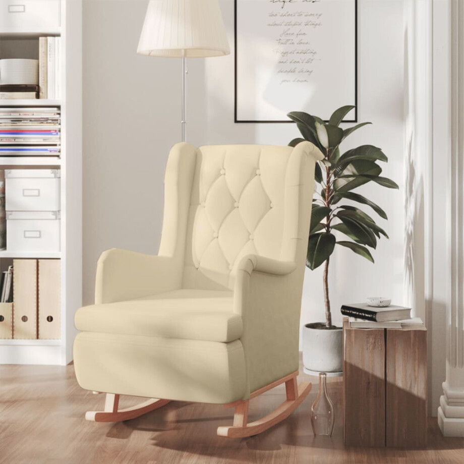vidaXL Fauteuil met massief rubberwood schommelpoten stof crèmekleurig afbeelding 1