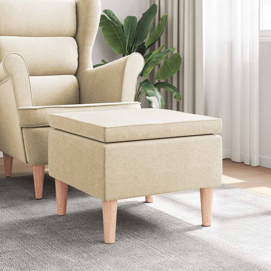 vidaXL Kruk met houten poten stof crèmekleurig afbeelding 1