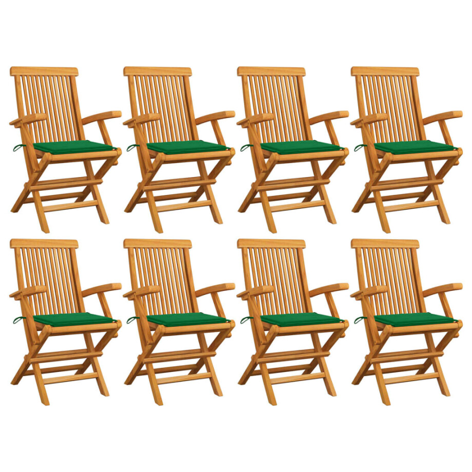 vidaXL Tuinstoelen 8 st met groene kussens massief teakhout afbeelding 1