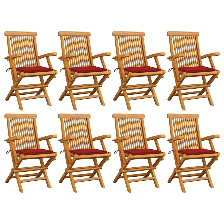 vidaXL Tuinstoelen 8 st met rode kussens massief teakhout afbeelding 1