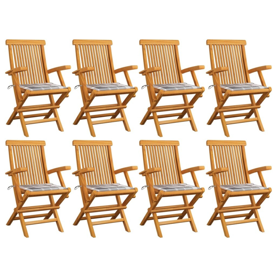 vidaXL Tuinstoelen 8 st met grijs geruite kussens massief teakhout afbeelding 1