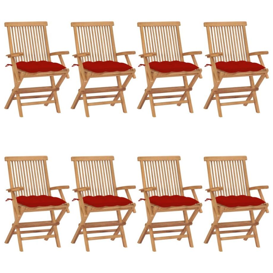 vidaXL Tuinstoelen 8 st met rode kussens massief teakhout afbeelding 1