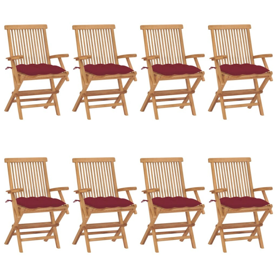 vidaXL Tuinstoelen 8 st met wijnrode kussens massief teakhout vidaXL Tuinstoelen 8 st met wijnrode kussens massief teakhout afbeelding 1