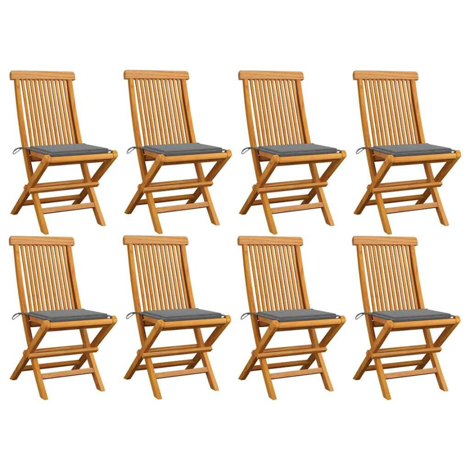 vidaXL Tuinstoelen 8 st met grijze kussens massief teakhout afbeelding 1