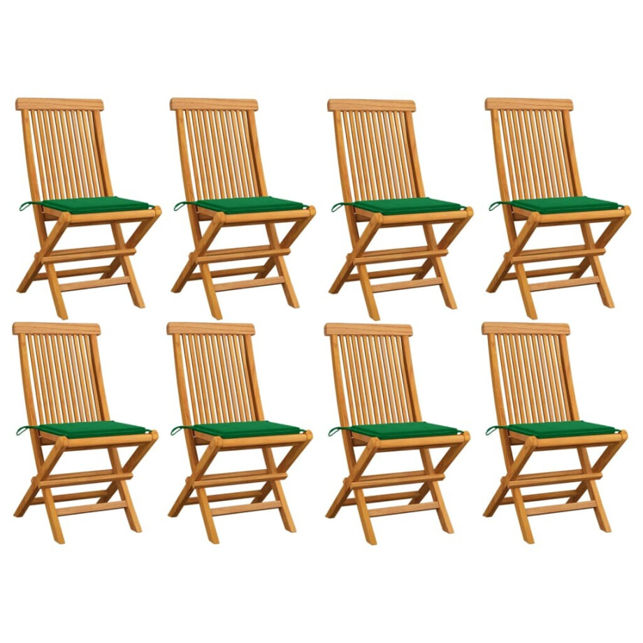 vidaXL Tuinstoelen 8 st met groene kussens massief teakhout afbeelding 1