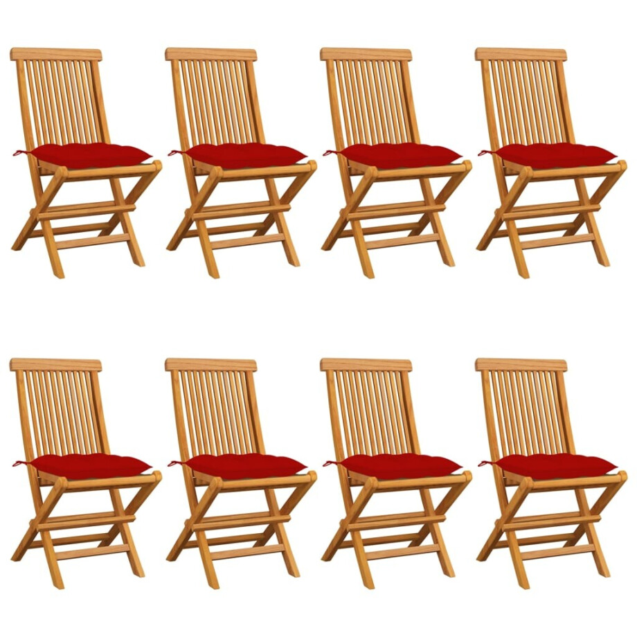 vidaXL Tuinstoelen 8 st met rode kussens massief teakhout afbeelding 1