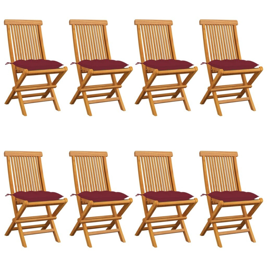 vidaXL Tuinstoelen 8 st met wijnrode kussens massief teakhout afbeelding 1
