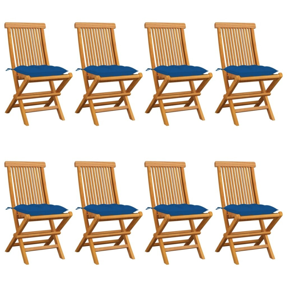 vidaXL Tuinstoelen 8 st met blauwe kussens massief teakhout afbeelding 1