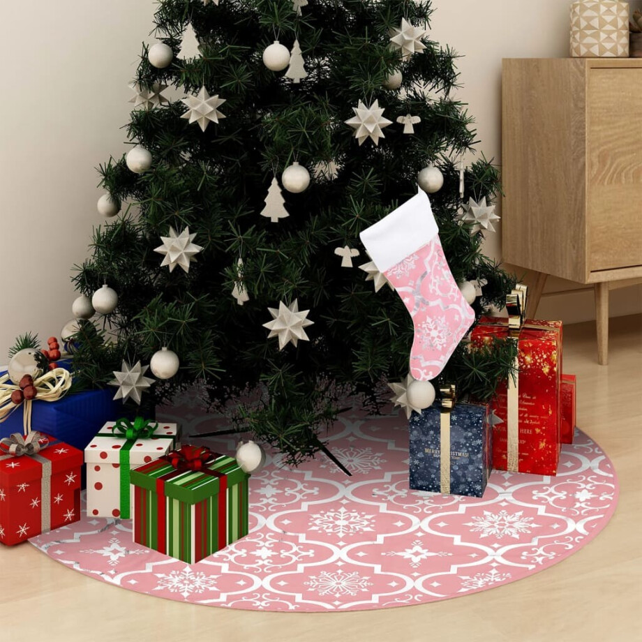 vidaXL Kerstboomrok luxe met sok 90 cm stof roze vidaXL Kerstboomrok luxe met sok 90 cm stof roze afbeelding 1