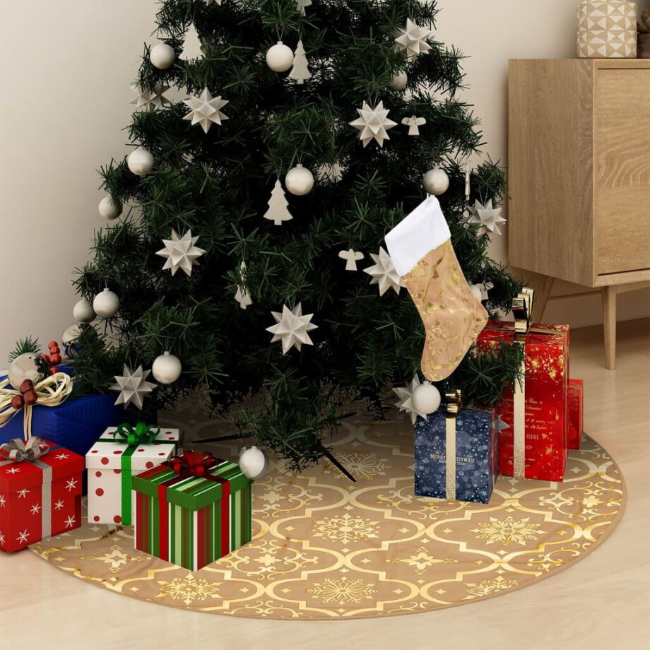 vidaXL Kerstboomrok luxe met sok 90 cm stof geel vidaXL Kerstboomrok luxe met sok 90 cm stof geel afbeelding 1