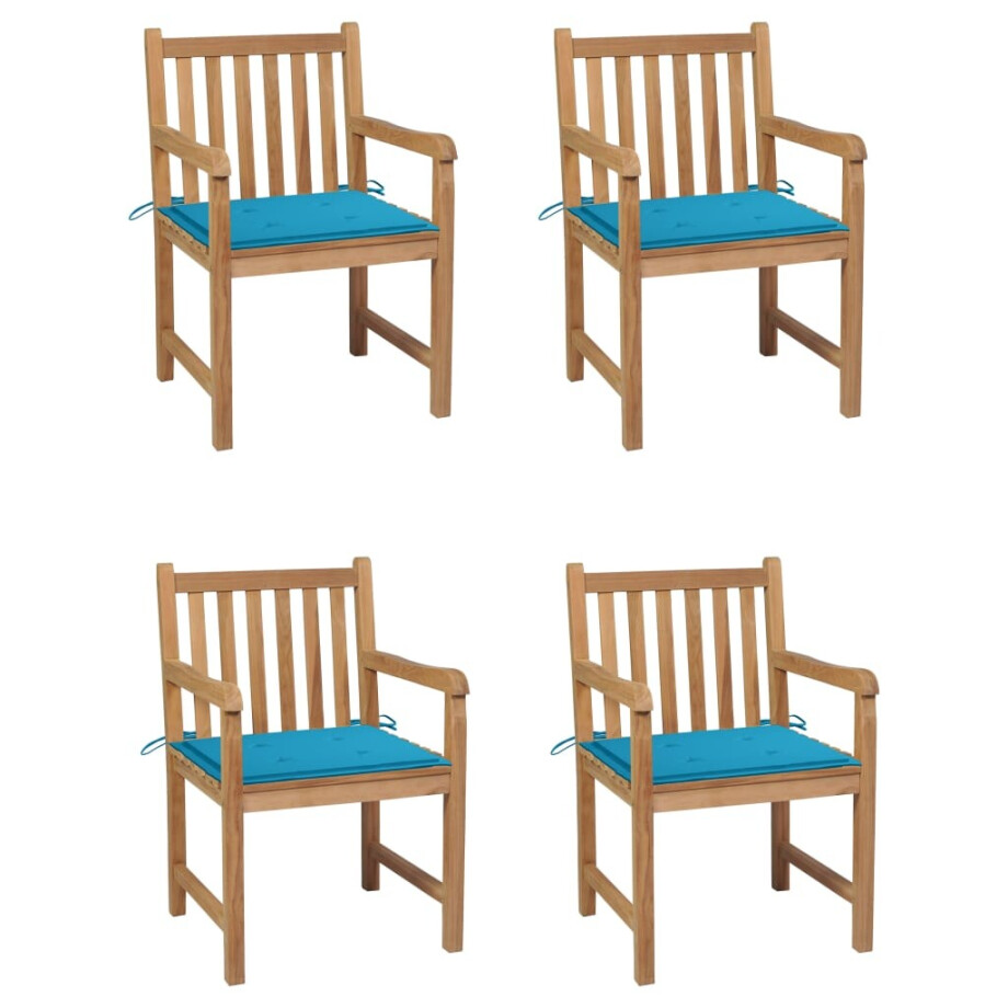 vidaXL Tuinstoelen 4 st met blauwe kussens massief teakhout afbeelding 1